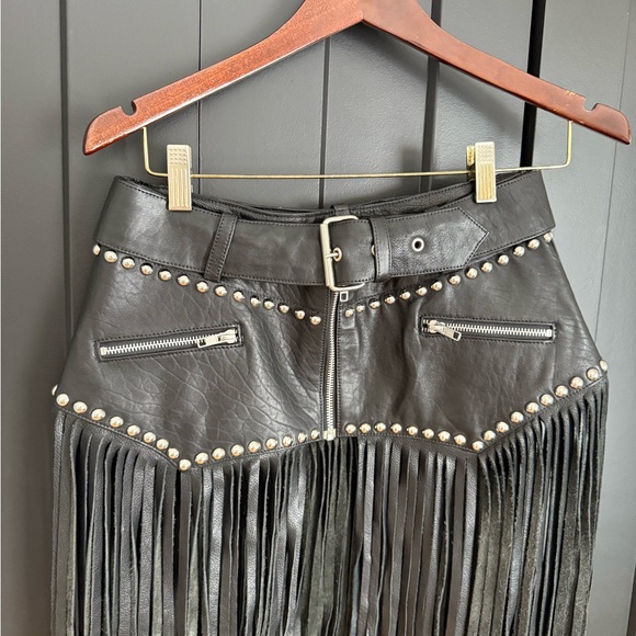 Black Fringe Genuine Leather Skirt - Picture 2 of 4